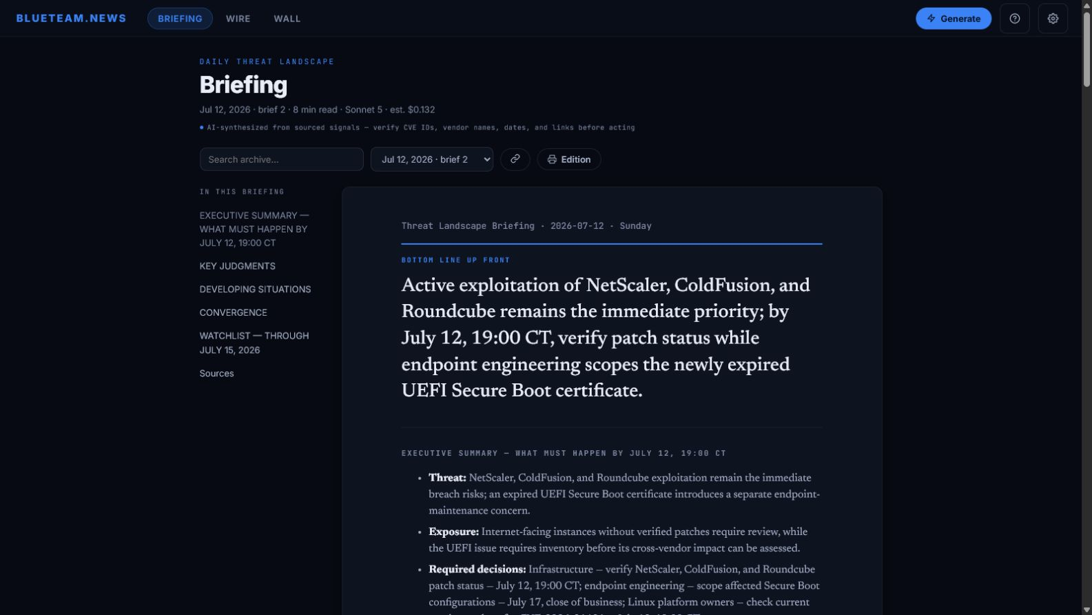 Real capture of the Briefing: an AI-written daily threat brief with BLUF and key judgments
