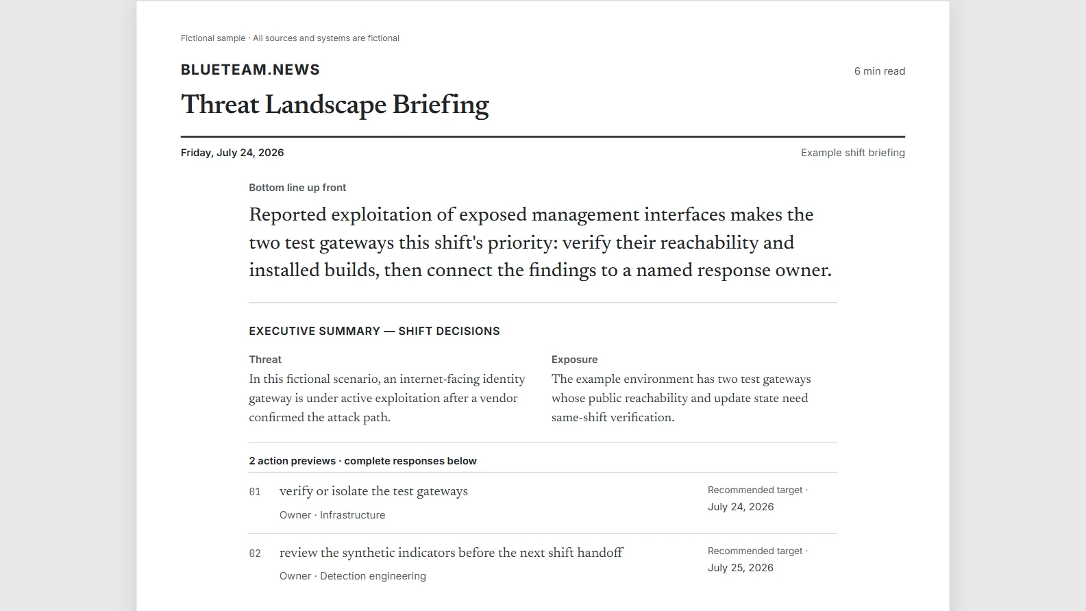 The fictional sample edition, with its masthead, bottom line, executive summary, and first owned action